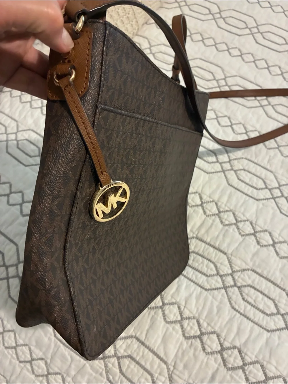 NWOT!!! Michael Kors Dark Brown Monogram Crossbody with Gold Charm
